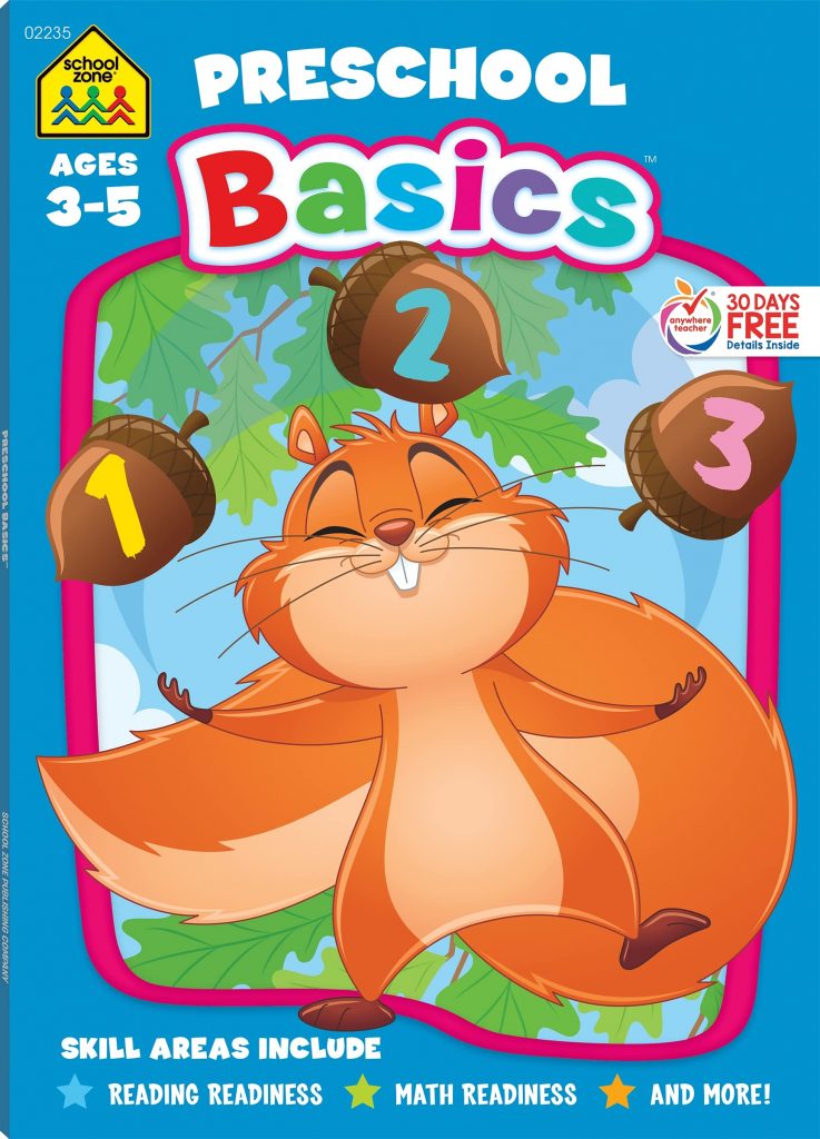 Couverture du cahier d'exercices Preschool Basics by School Zone pour les 3 à 5 ans avec un écureuil jonglant avec les chiffres 1, 2 et 3 sur des glands