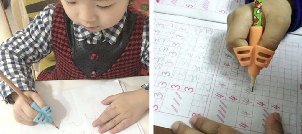 élèves utilisant l'outil d'écriture Pencil Grip dans la salle de classe et la feuille de travail remplie avec un crayon Pencil Grip