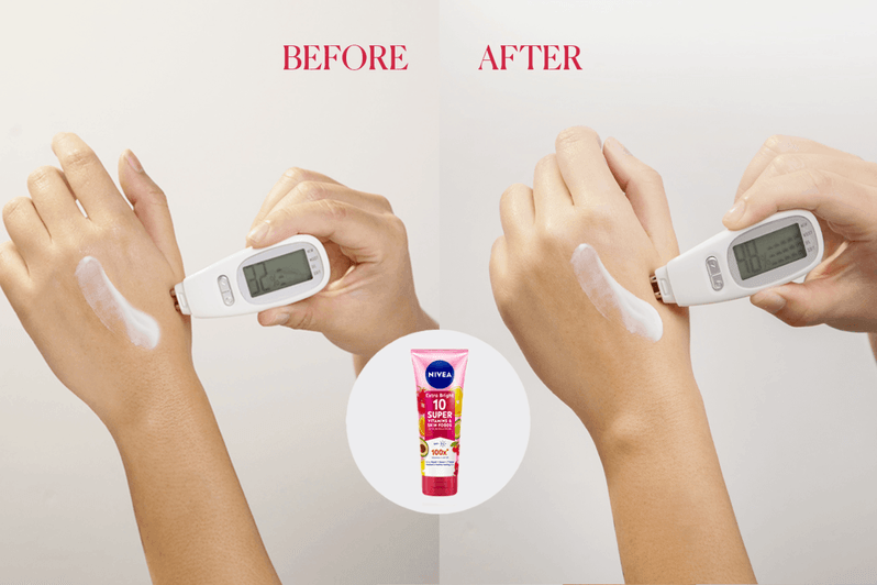 Test de comparaison du niveau d'hydratation de la peau : avant et après l'application de la lotion pour le corps NIVEA Lotion NIVEA 10 super vitamines et aliments pour la peau