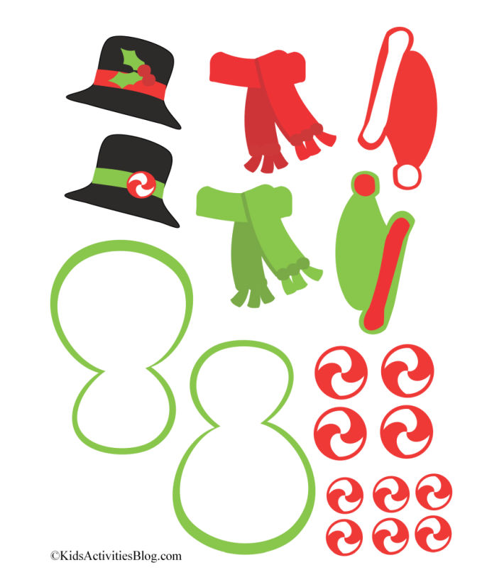 Jolies décorations de bonhomme de neige imprimables - chapeau haut de forme avec écharpes de houx, rouges et vertes, casquettes d'elfe, bonbons tourbillonnants rouges et glaçage bonhomme de neige avec passepoil vert.