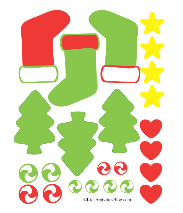 téléchargement pdf pour les décorations de biscuits pain d'épice imprimables - sapins de Noël et bas de Noël - étoiles, coeurs, glaçage vert et rouge et bonbons tourbillon