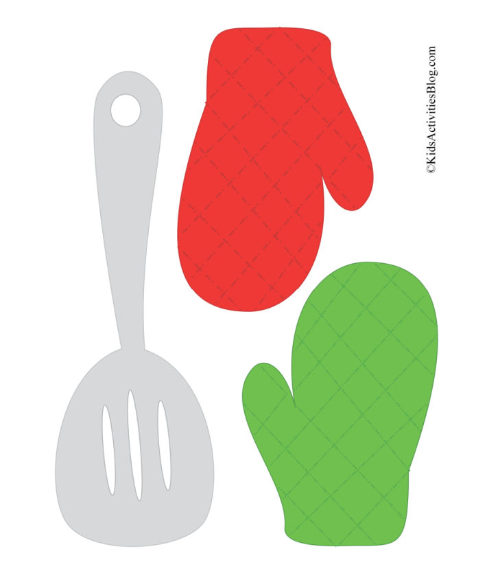 spatule imprimable et gants de cuisine rouges et verts pour aller avec le kit de cuisson de biscuits de Noël pdf - si mignon