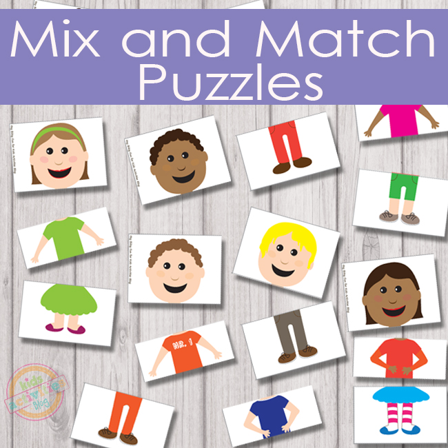 Mélangez et assortissez des puzzles qui incluent des garçons et des filles avec des chemises, des pantalons et des chemises colorées.