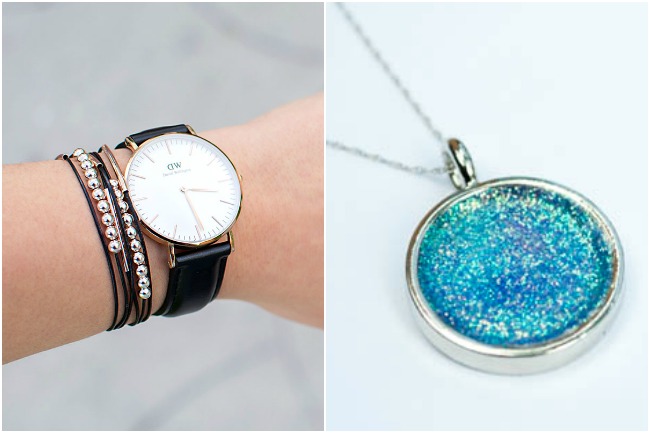 18 façons sympas de fabriquer des bijoux - montre et bracelets et collier à paillettes bleues - blog d'activités pour enfants