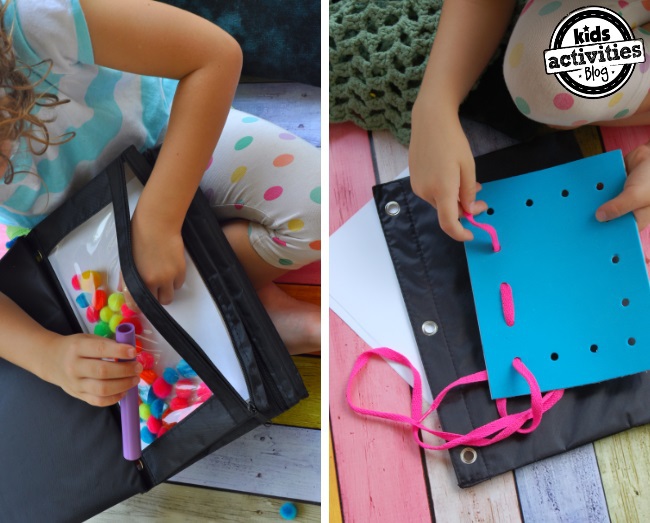 Idées de sacs occupés - carte de chute et de laçage de pompons - blog d'activités pour enfants