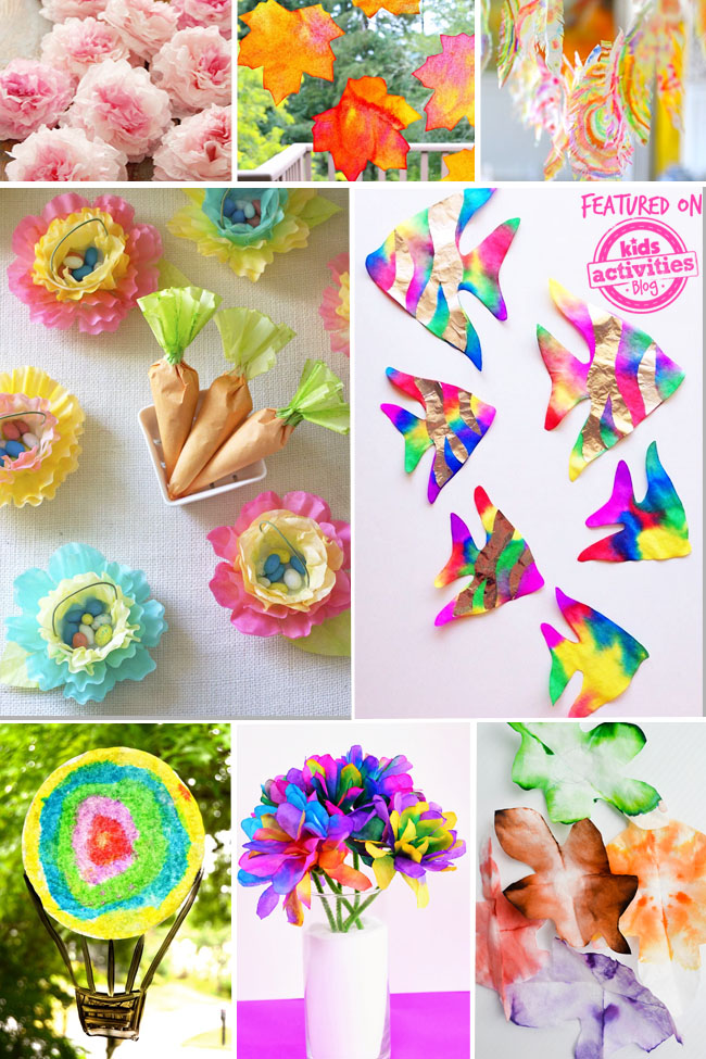 Variété colorée d'artisanat de filtres à café et d'idées d'art de filtres à café - collage de 8 idées d'artisanat de filtres à café colorés différents pour les enfants - Blog d'activités pour enfants