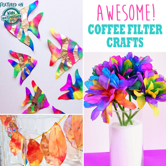 Artisanat de filtres à café avec des couleurs magnifiques - bleus, violets et jaunes dans les poissons, les feuilles et les bouquets de fleurs