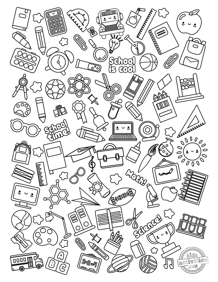 100e jour d'école Coloriages doodles page de coloriage version pdf montrée en noir et blanc avec des griffonnages liés à l'école pour célébrer les 100 jours - Kids Activities Blog