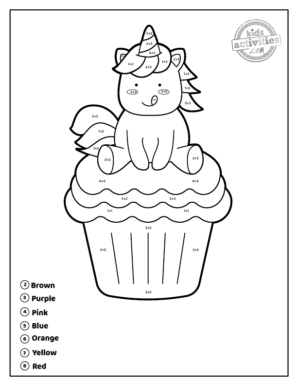 couleur supplémentaire par numéro - licorne assise sur un cupcake avec les mots marron, violet, rose, bleu et orange dessus avec les numéros de coordination 1-6