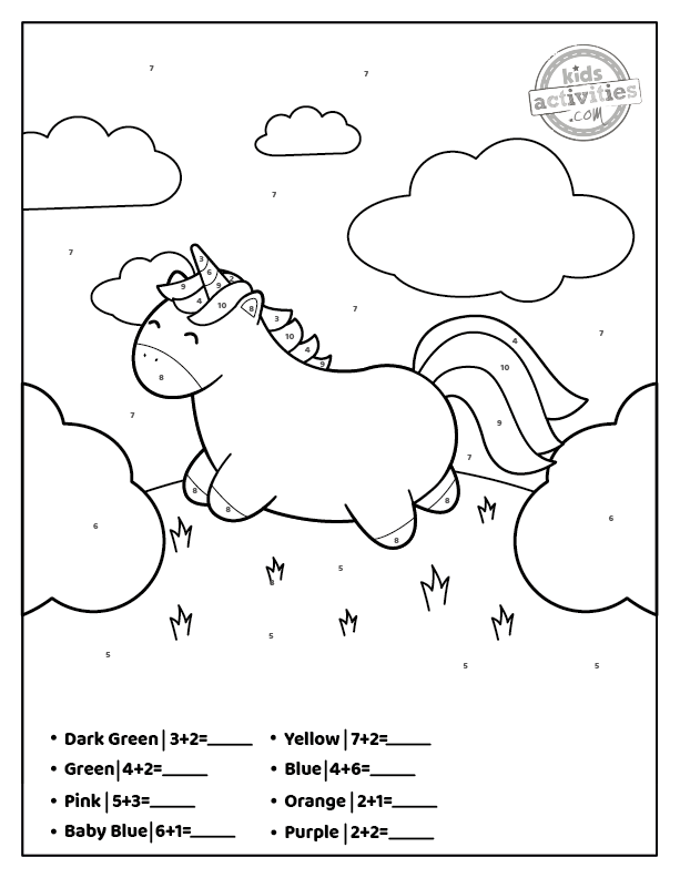 addition couleur par numéro avec une licorne gambader dans l'herbe avec des nuages 