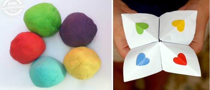 Girl Crafts-vert, rouge, bleu, jaune, violet maison playdoh, diseuse de bonne aventure en papier avec coeur vert, jaune, rouge et bleu