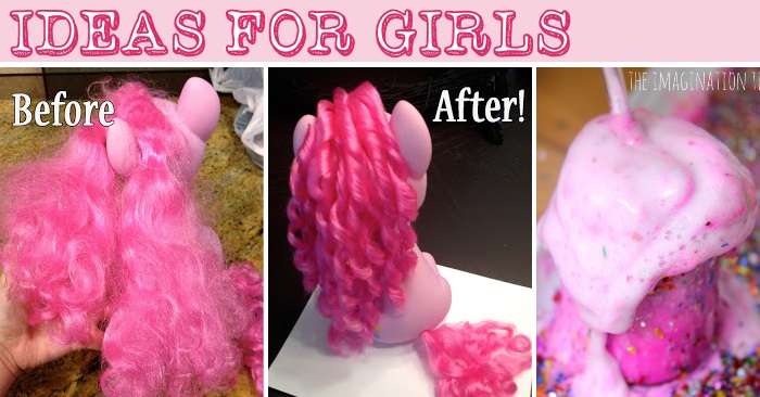 Girl Crafts- toy makeovers from frizzy hair on my little pony to curly hair, pink foam craft with glitter-fizzing fairy potion