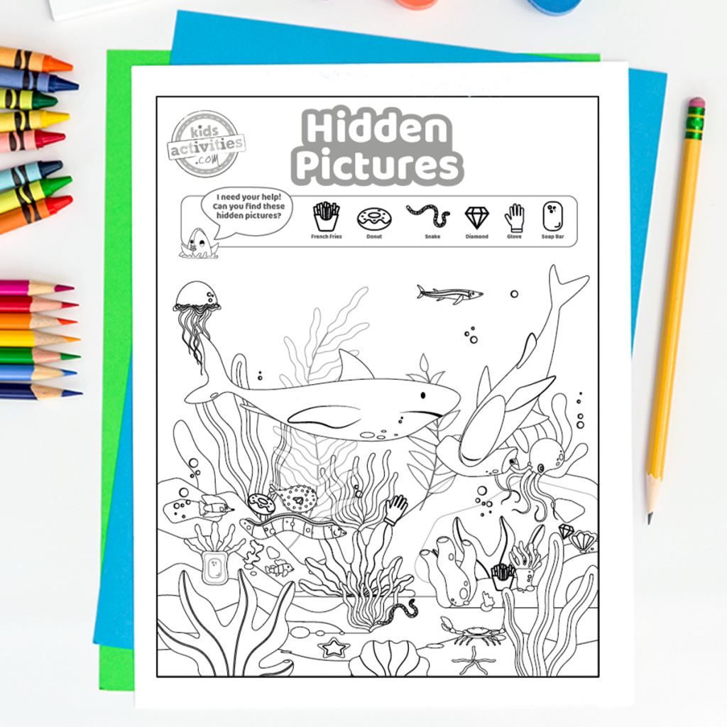 Images cachées imprimables pour les enfants puzzles imprimables - images cachées dans l'océan - requins, méduses et plus illustrés