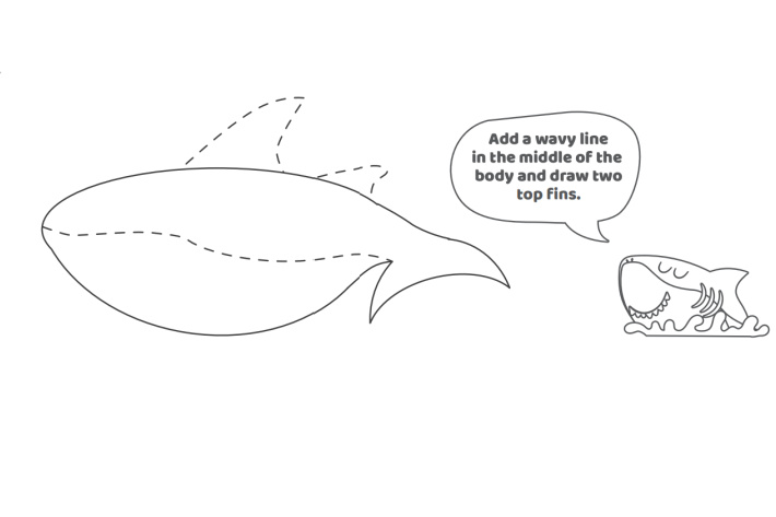 Étape 6 - Comment dessiner un requin - Blog d'activités pour enfants - ajoutez une ligne ondulée au milieu du corps du requin et dessinez-en deux
