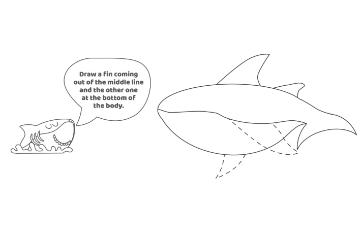 Étape 7 - Comment dessiner un requin - Blog d'activités pour enfants - ajoutez les nageoires pectorales sous le corps du requin