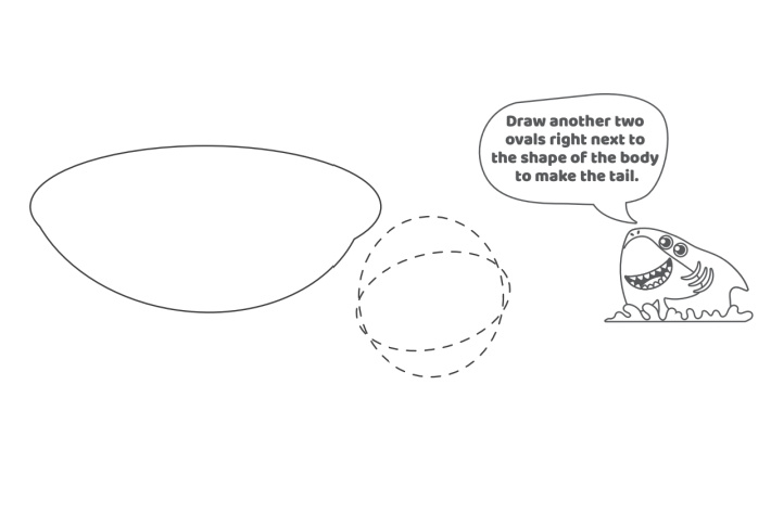Étape 3 - Comment dessiner un requin - Blog d'activités pour enfants - dessinez une forme de cercle et un autre ovale à côté du corps du requin