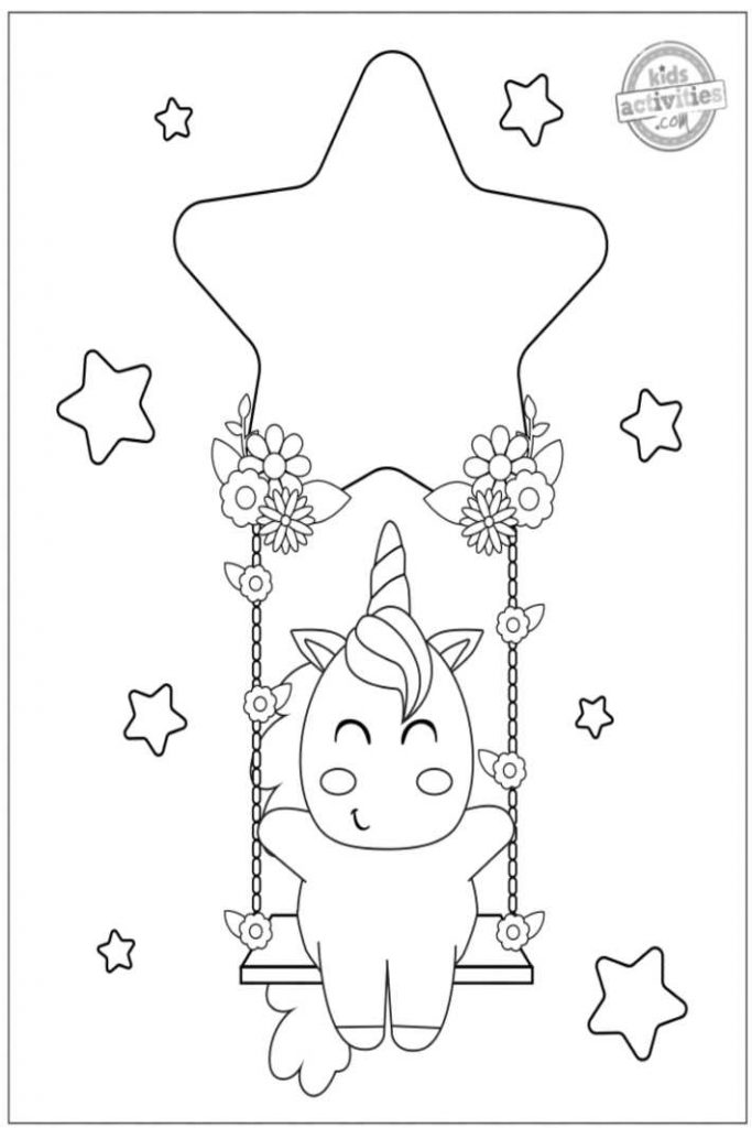 coloriages de licorne faciles - pdf imprimé d'une licorne se balançant sur une image d'étoile pour les enfants à colorier - Kids Activities Blog