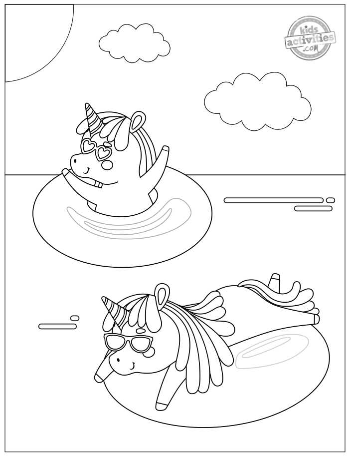 jolies pages à colorier de licorne - pdf imprimé de licornes flottant dans l'océan ayant une journée d'été amusante à colorier pour les enfants - Kids Activities Blog