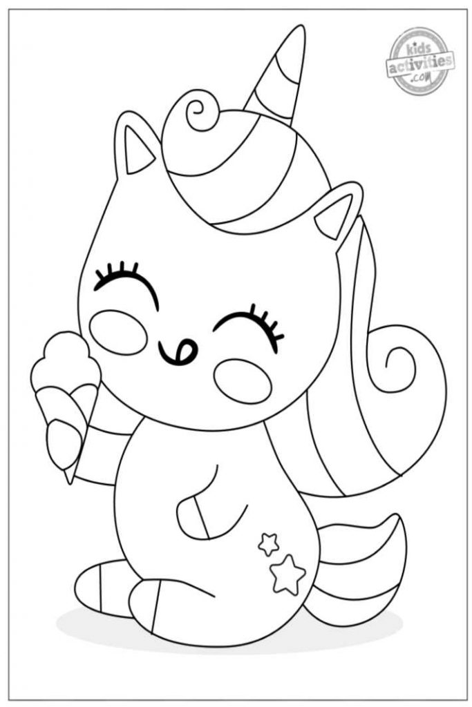 coloriages de licorne mignons - pdf imprimé de licorne mangeant une image de crème glacée pour les enfants à colorier