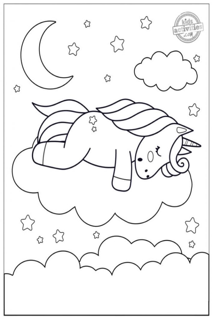 coloriages de licorne imprimables - pdf imprimé de l'image de licorne endormie pour les enfants à colorier