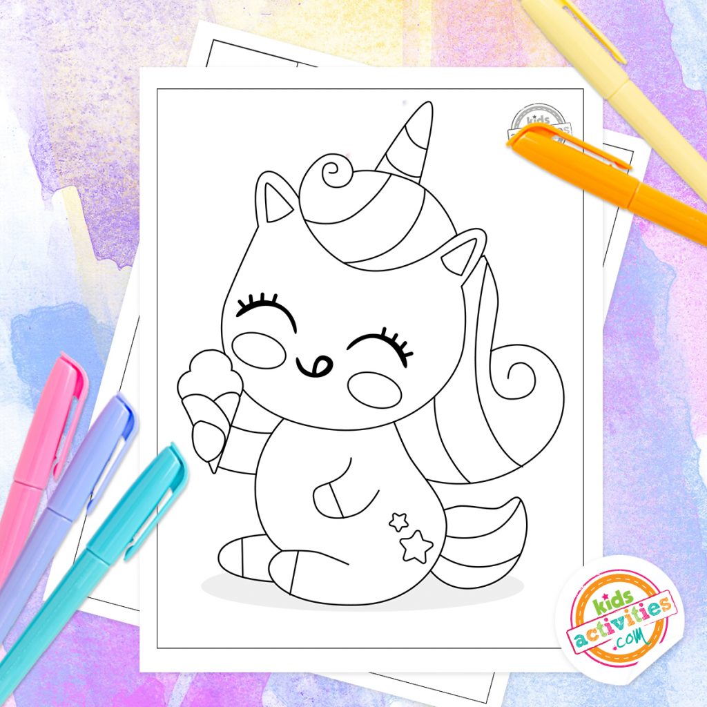 pages de coloriage de licorne gratuites - pdf imprimé de licorne léchant un cornet de crème glacée sur fond coloré avec des fournitures de coloriage