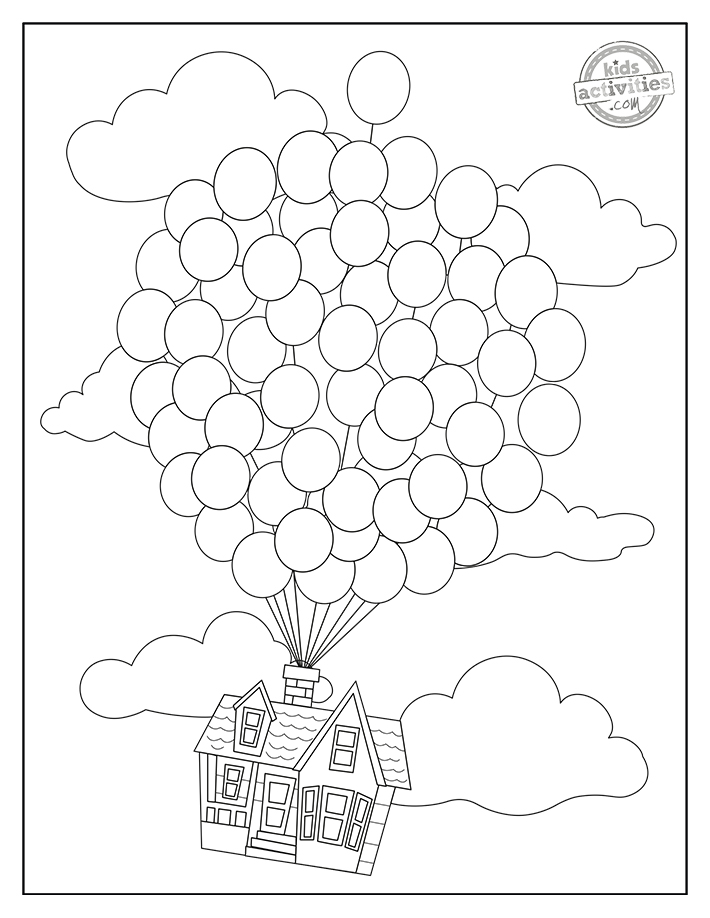 Up Coloriages Fichier PDF La maison flottante de Carl et Ellie avec des ballons dans le ciel - Blog d'activités pour enfants