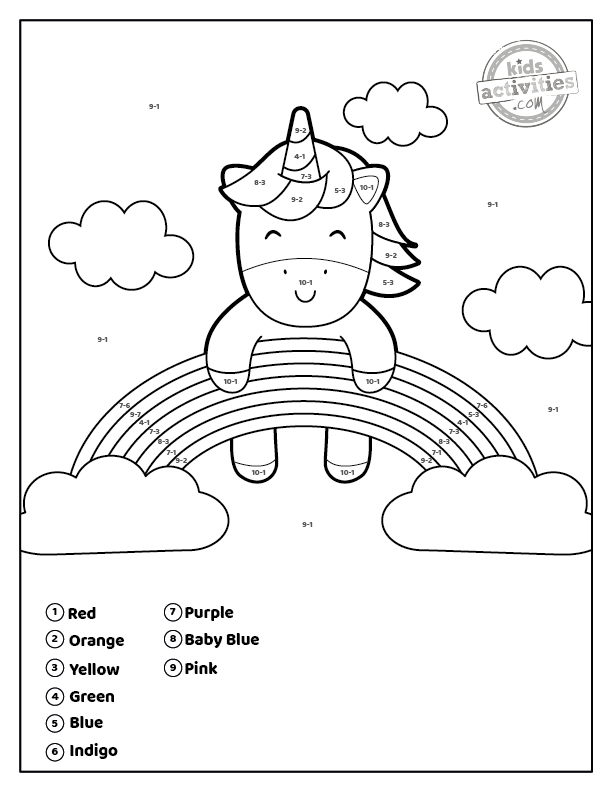 feuille de travail pdf imprimée couleur licorne par soustraction numérique