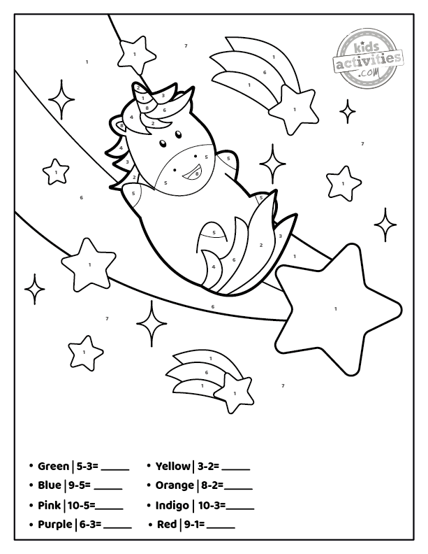 feuille de travail pdf imprimée couleur licorne par soustraction numérique