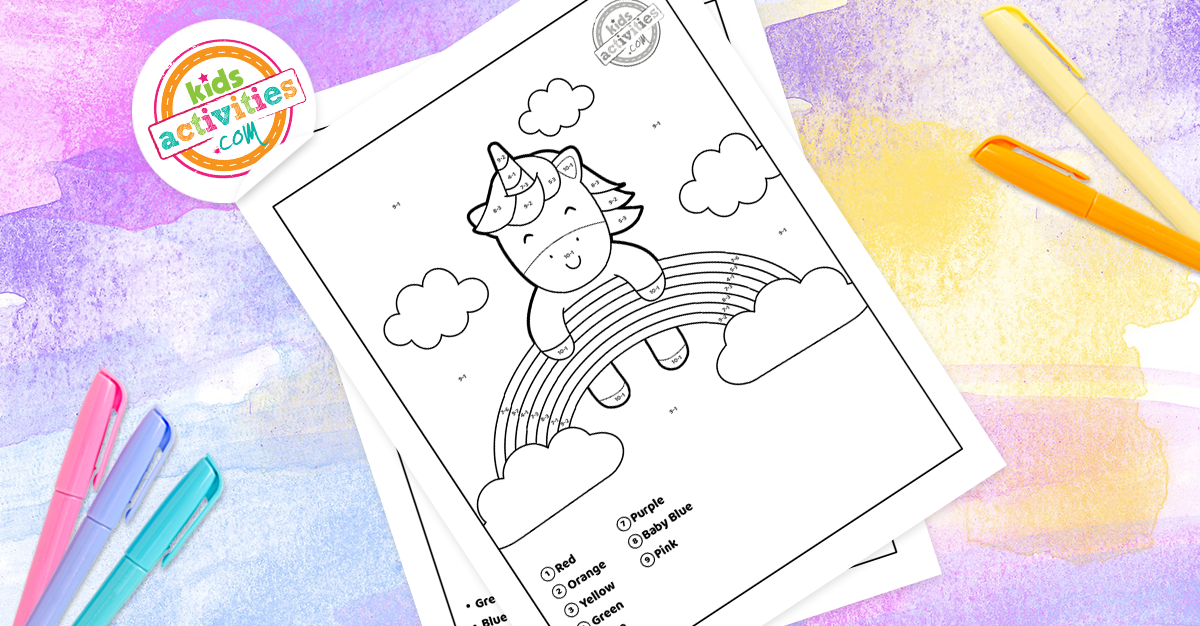 Feuilles d'exercices de couleur par numéro de soustraction de licorne