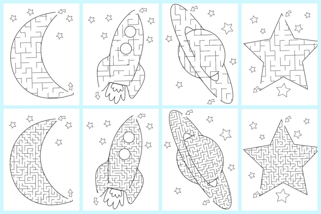 8 labyrinthes imprimables pour enfants présentés chacun a 2 versions - une version simple pour les plus jeunes et une version plus compliquée - les labyrinthes sont espacés sur le thème : lune, fusée, planète et étoile - Blog d'activités pour enfants