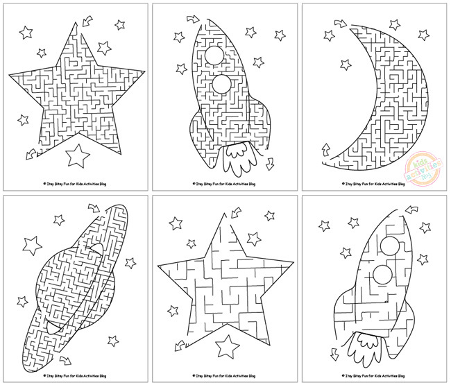6 labyrinthes spatiaux faciles sur la photo - labyrinthe d'étoiles facile, labyrinthe de fusée préscolaire, labyrinthe de lune de jardin d'enfants, labyrinthe de planète saturne facile, labyrinthe d'étoiles préscolaire, labyrinthe de fusée préscolaire