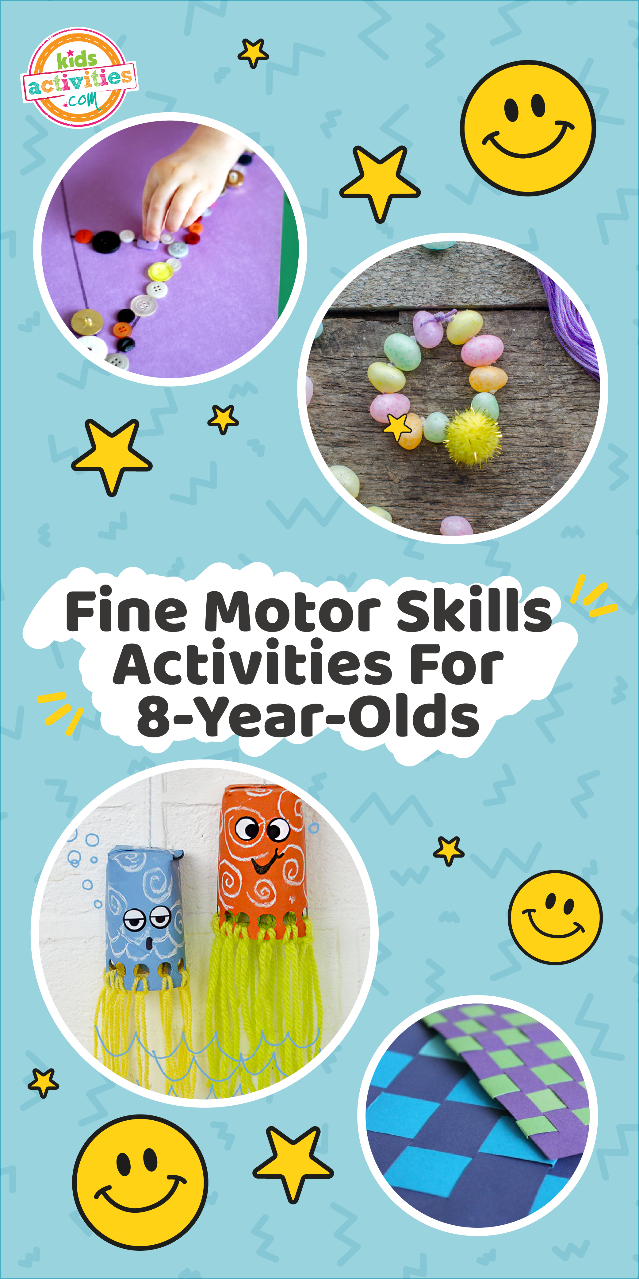 L'image montre une compilation de différentes activités de motricité fine pour les enfants de 8 ans et plus
