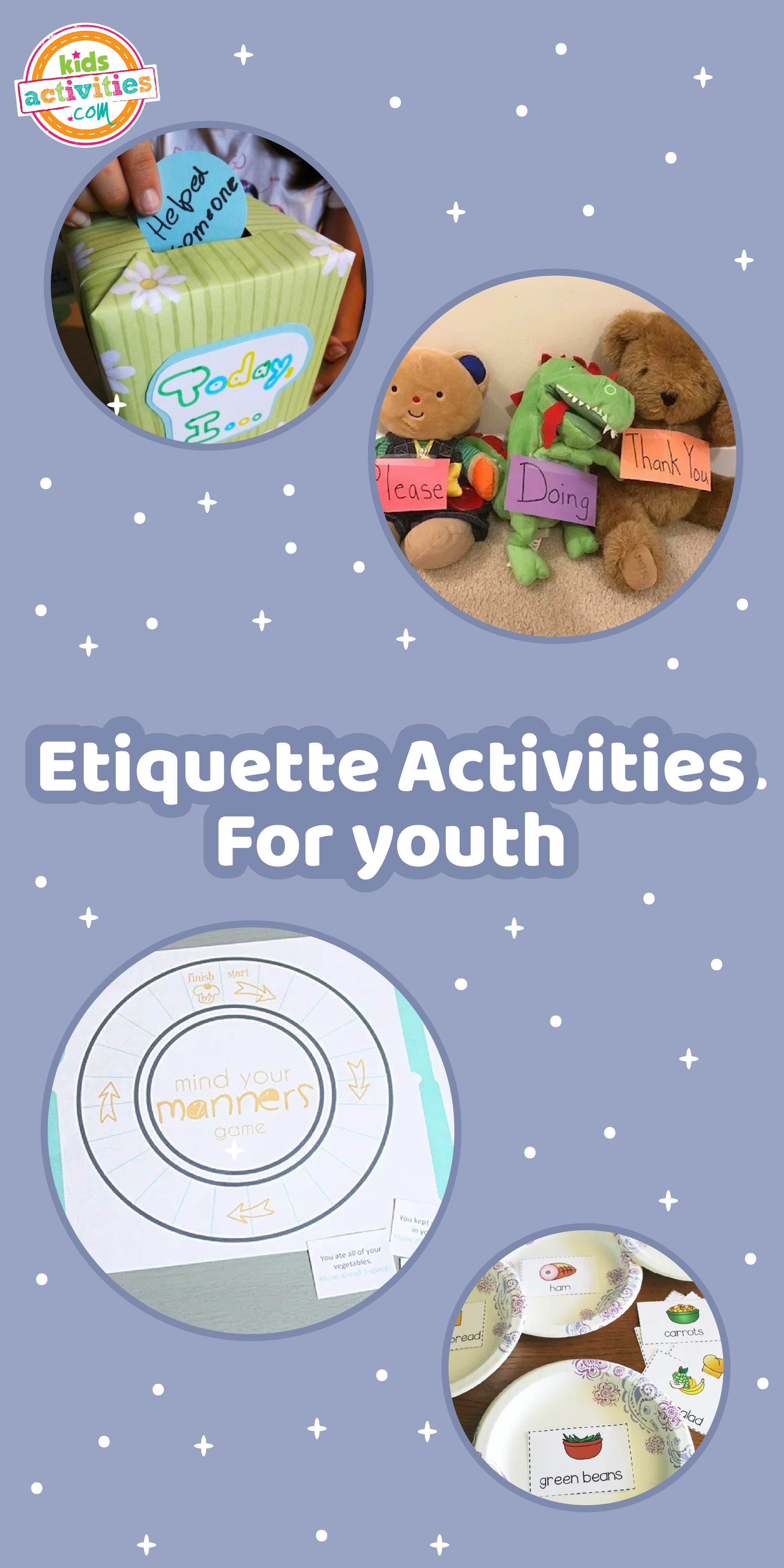L'image montre une compilation d'activités d'étiquette pour les jeunes.