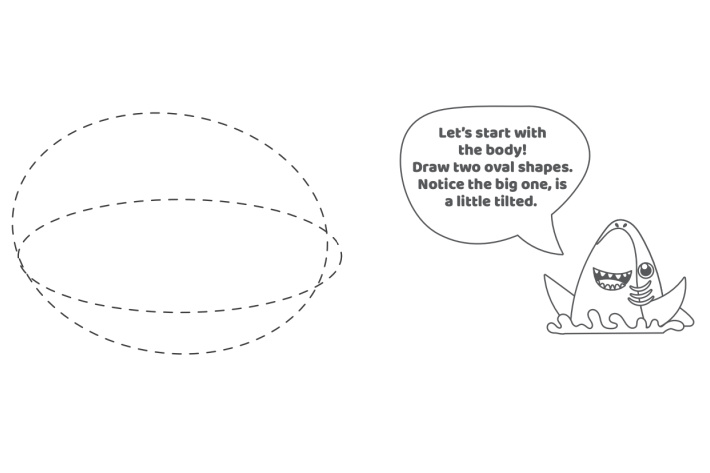 Étape 1 - Comment dessiner un requin - Blog d'activités pour enfants - dans cette première étape, les enfants commenceront avec 2 formes ovales qui sont le corps du requin