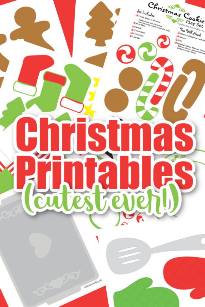 Ensemble de pâtisserie de Noël imprimable pour les enfants qui font semblant de jouer - pages de biscuits, spatule, moule à pâtisserie, décorations et plus illustrées sous forme de pdf imprimé avec les mots, imprimables de Noël, les plus mignons de tous les temps