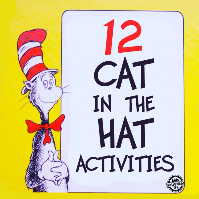 12 activités de chat dans le chapeau pour les enfants pour célébrer l'anniversaire du Dr Suess - Texte créé pour ressembler à la couverture du livre pour Chat dans le chapeau sur fond jaune