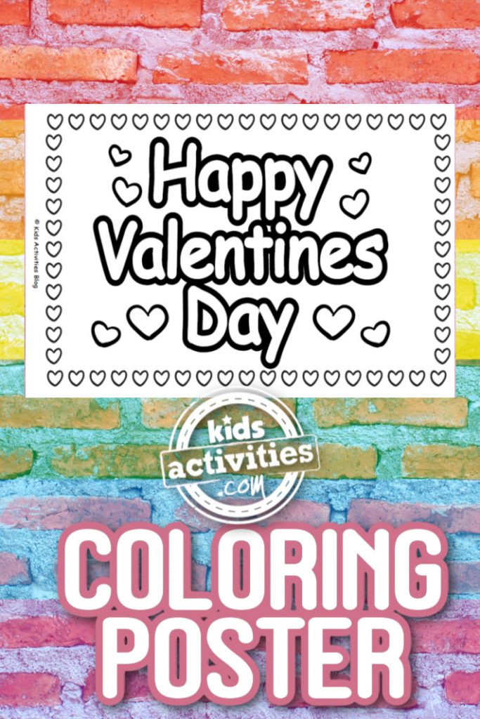 Happy Valentines Day with Hearts Coloring Poster du blog d'activités pour enfants pour la Saint-Valentin illustré sur un mur de briques colorées