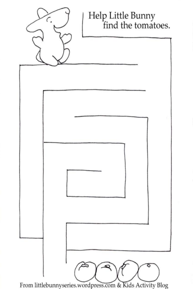 Labyrinthe de lapin essayant d'atteindre les tomates Texte : Aidez le petit lapin à trouver des tomates - Blog d'activités pour enfants Fichier PDF imprimable