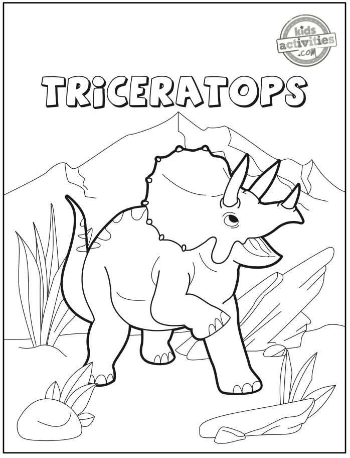 mignon triceratops coloriage page imprimée version pdf montrée en noir et blanc dessin au trait de dinosaure avec le mot "Triceratops" au-dessus du dinosaure devant une colline - Blog d