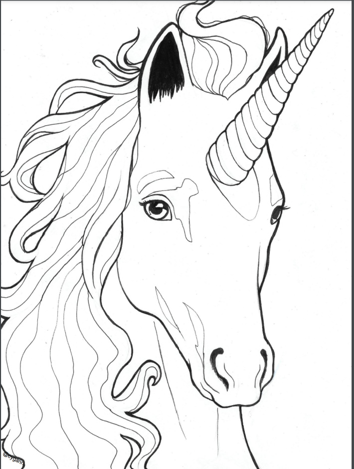 Page de coloriage réaliste de tête de licorne - Blog d'activités pour enfants - pdf imprimable de la page de coloriage réaliste de licorne montrée
