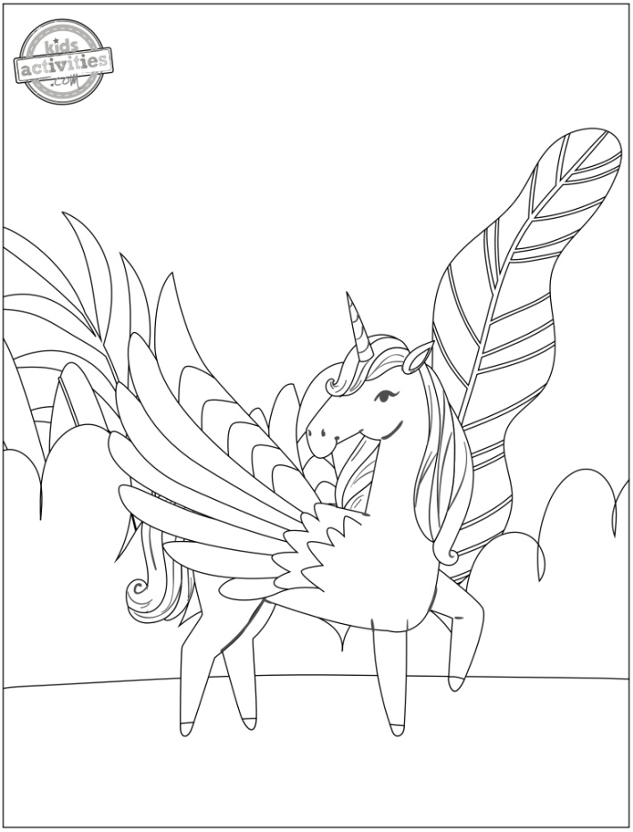 Page de coloriage Licorne volante Pégase avec ailes - Blog d'activités pour enfants - version pdf imprimée de la page de coloriage Licorne volante