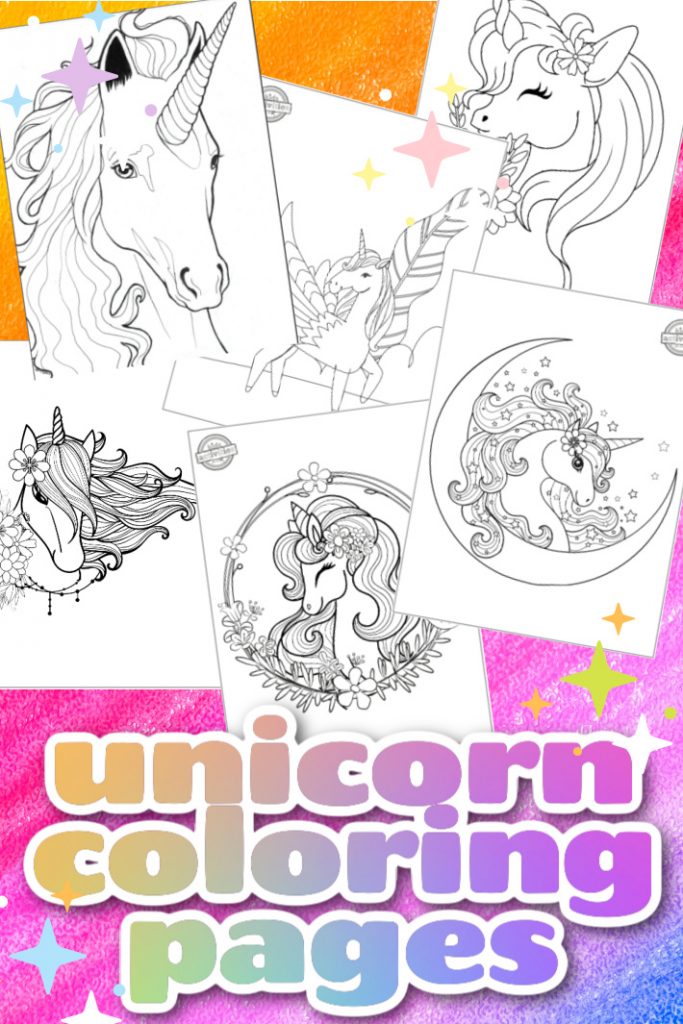 Meilleures pages à colorier de licorne - Blog d'activités pour enfants - 6 pages à colorier de licorne affichées sous forme de pdf imprimé avec le texte, pages à colorier de licorne - affichées sur un fond scintillant coloré aux couleurs de la licorne