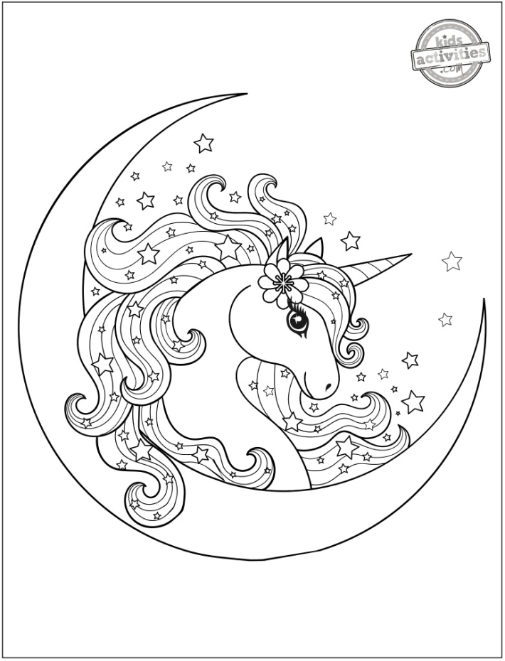 Coloriage Licorne magique sur la lune avec des étoiles - Blog d'activités pour enfants