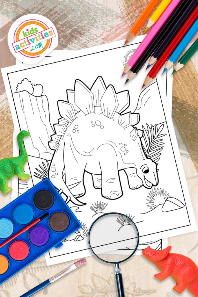 pages à colorier imprimables stegosaurus imprimées présentées dans un thème de dinosaure - Kids Activities Blog