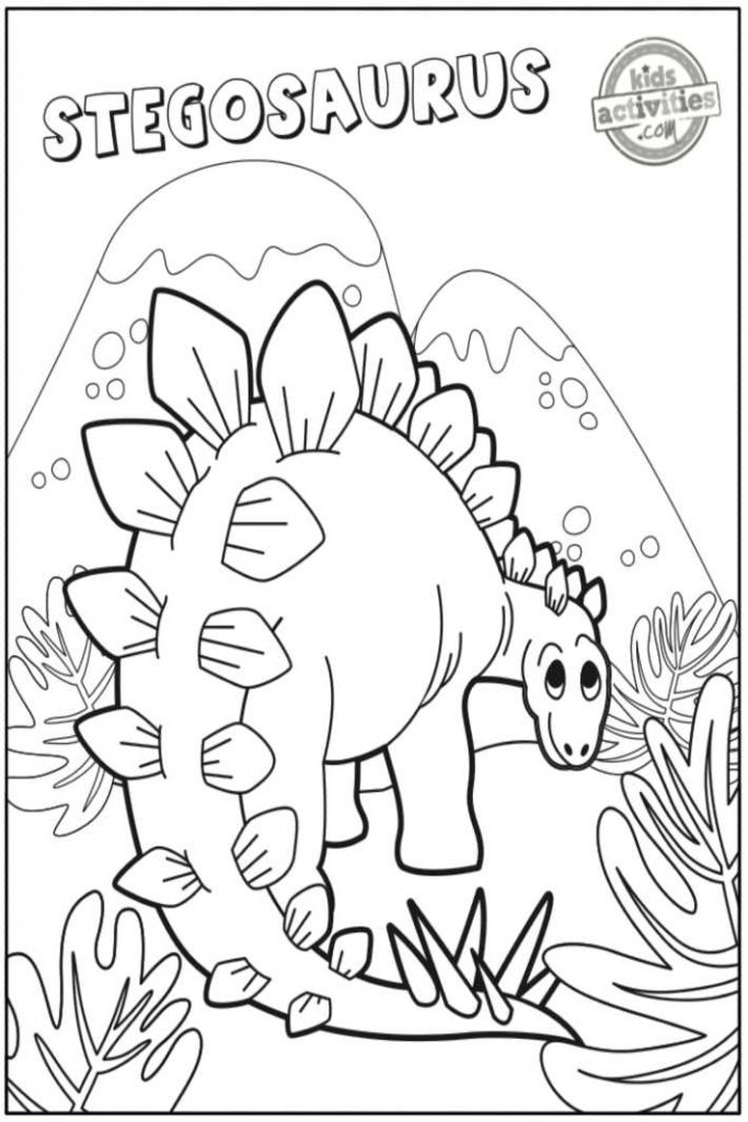 pages à colorier stegosaurus avec le mot stegosaurus en haut - dinosaure montré se retournant pour regarder en arrière - pdf imprimé montré imprimé en noir et blanc - Kids Activities Blog