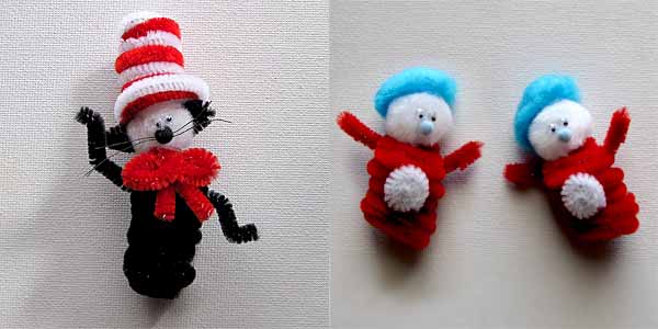 Dr. Seuss Cat in the Hat Craft utilisant des cure-pipes pour faire un chat dans le chapeau et la chose 1 et la chose 2 avec des cheveux bleus