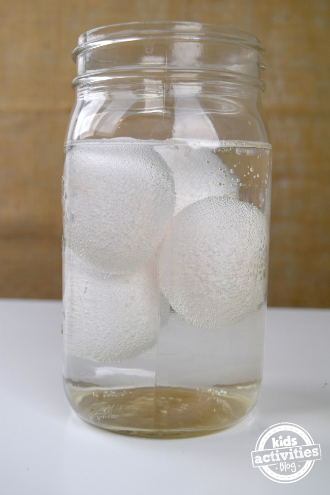 Expérience d'œufs dans du vinaigre dans un bocal - 4 œufs présentés dans un bocal en verre transparent rempli de vinaigre assis sur une table