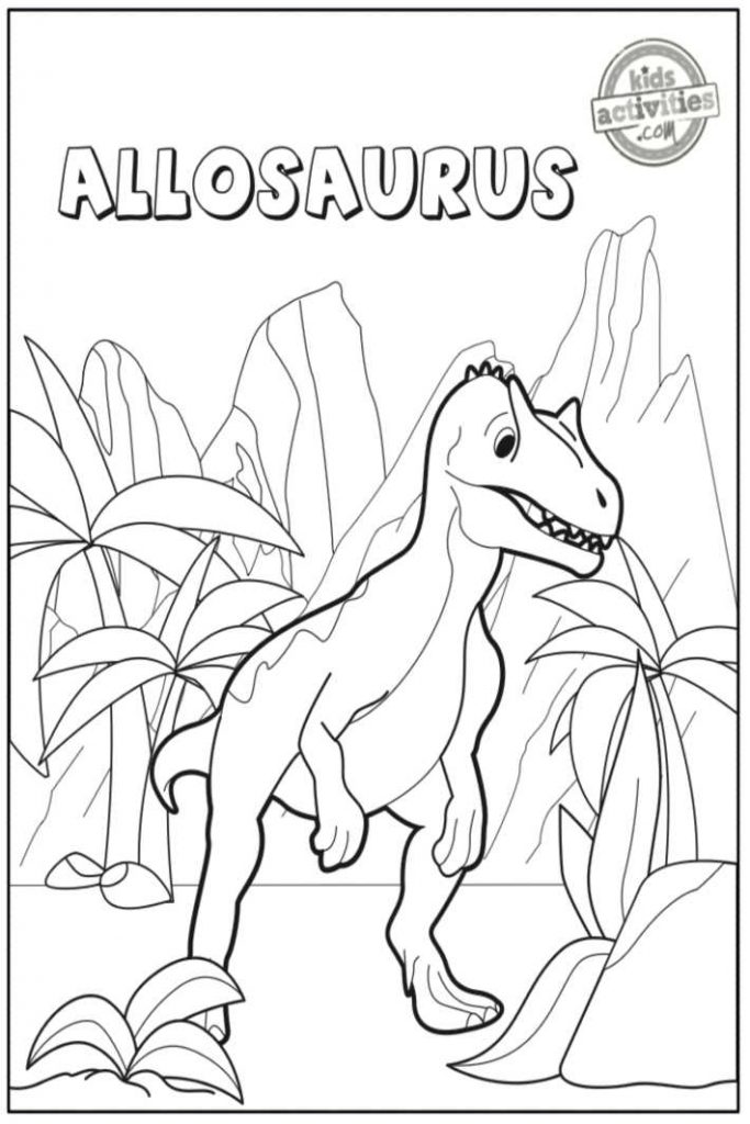 page de coloriage de dinosaure allosaurus version pdf imprimée montrée en noir et blanc avec un grand dinosaure devant une montagne avec le mot, Allosaurus - Blog d'activités pour enfants