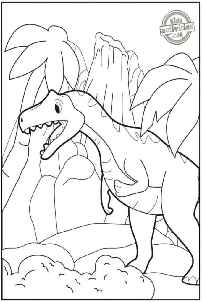 Page de coloriage Allosaurus version pdf imprimée illustrée en dessin au trait noir et blanc d'un grand dinosaure marchant devant des palmiers - Blog d'activités pour enfants