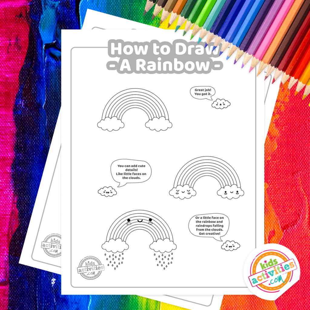 Comment dessiner un arc-en-ciel - version pdf imprimée de la leçon de tutoriel de dessin arc-en-ciel pour les enfants présentée sur un fond coloré avec des fournitures de dessin